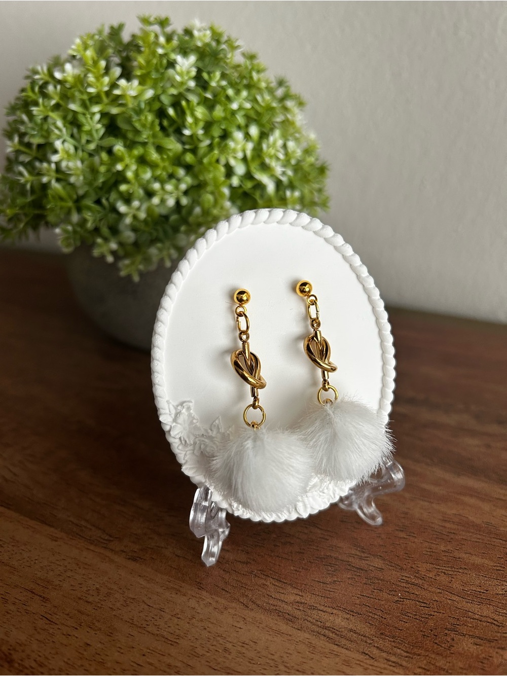 Gold Tone Earrings with White Faux Fur Pom Pom